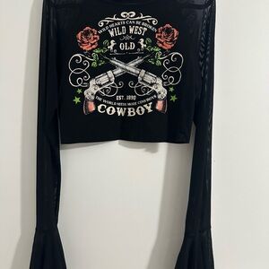 Black Long Sleeve Cowboy Graphic Top